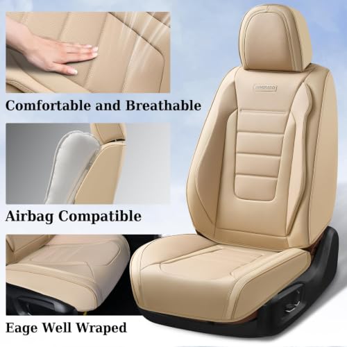 Image of Coverado Car Seat Covers Front Seats, Car Seat Cover Beige, Car Seat Protector, Car Seat Cushion Nappa Leather, 2-Pack Waterproof Seat Covers Carseat Cover Universal Fit for Most Cars Trucks