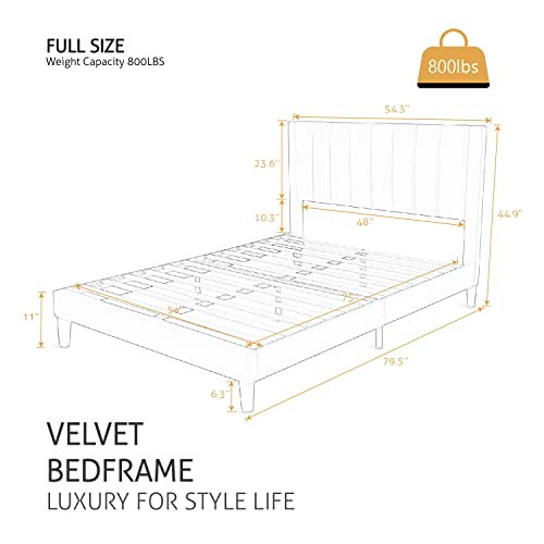 Sha Cerlin Full Size Vertical Channel Platform Bed Frame/Velvet Upholstered Bed Frame With Headboard/Strong Wood Slats Support/Mattress Foundation/No Box Spring Needed/Green #TOP7