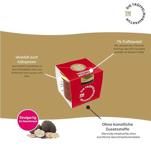 Die Trüffelmanufaktur - Trüffel Ketchup mit 7% echtem schwarzen Trüffeln, Deluxe Tomaten Trüffelketchup für leckere, knackige Pommes oder saftige Steaks, Spareribs, Rippchen, Bratwurst, Glas á 110 g