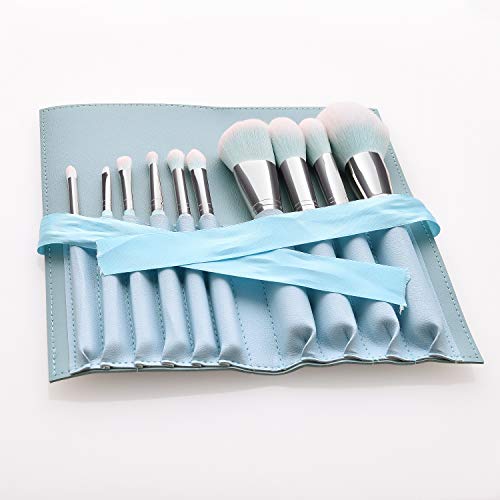 Makeup Brushes Set 12 Pieces Professional Cosmetic Makeup Brush Kit with Wooden Handle Synthetic Bristle for Face Powder Foundation Blending Eye Shadow Concealer Makeup Brush Bag (Light Blue)
