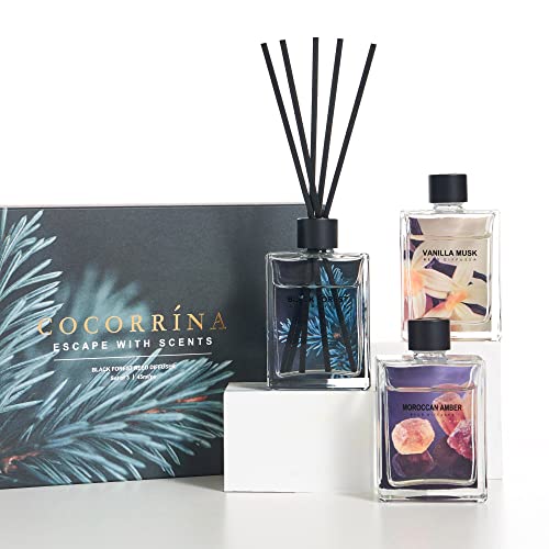 Cocorrína Reed Diffuser Sets of 3, Morrocan Amber/Vanilla Musk/Black Forest, 3 X 1.5 oz. Oil Diffuser with 15 Sticks, Home Fragrance for Bedroom, Bathroom Shelf Decor Stress Relief - Thumbnail 3