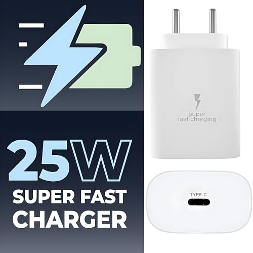 Image of XYKOS 25W Type-C Super Fast Charge Adapter For Samsung M05 /F05 /M55S /M35 /F55 /A35 /A16 /A15 /M15 /F15 /S23 Fe /S24 /S23 /Z Fold /Z Flip /6 /5 /4 /3,25 Watt Support Galaxy Tab&Other Android USB C Mobile Phones,White