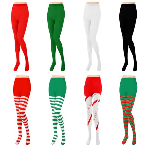 Image of 8 Pairs Striped Tights for Women, Colorful Semi Opaque 80 Denier High Waist Footed Pantyhose Legging Halloween Costume