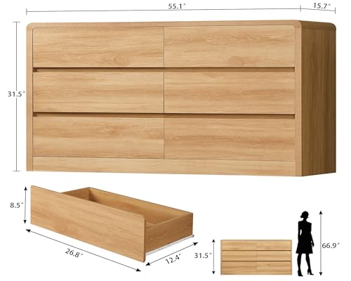 Image of TEENFON 55 inch Dresser for Bedroom with 6 Drawers, Dressers & Chests of Drawers with Curved Profile Design, 6 Drawer Dresser, Bedroom Dressers, Wood Dressers for Bedroom, Hallway, Natural