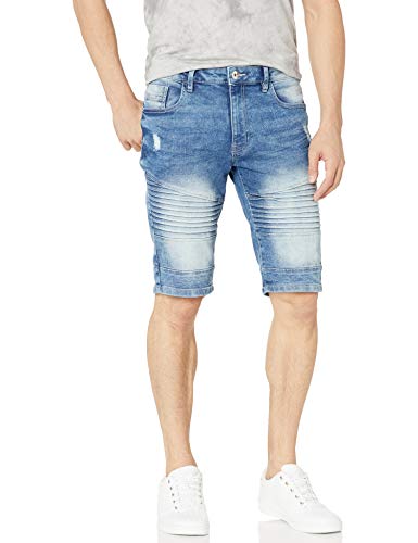 Southpole Men's Biker Moto Stretch Denim Shorts, Light Sand Blue, 32