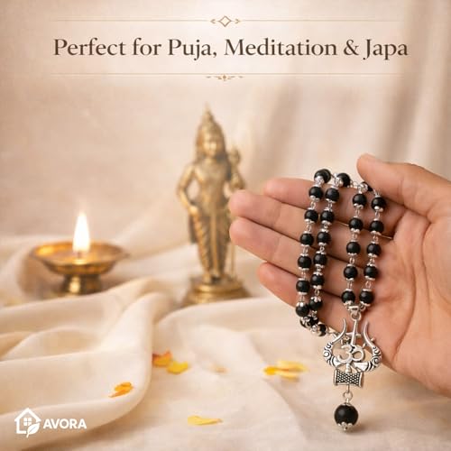Image of AVORA Karungali Malai Original 54 Beads with Om Shiv Trishul Pendant | Ebony Karungali Mala for Meditation, Japa & Spiritual Protection | Divine Hindu Mala for Men & Women