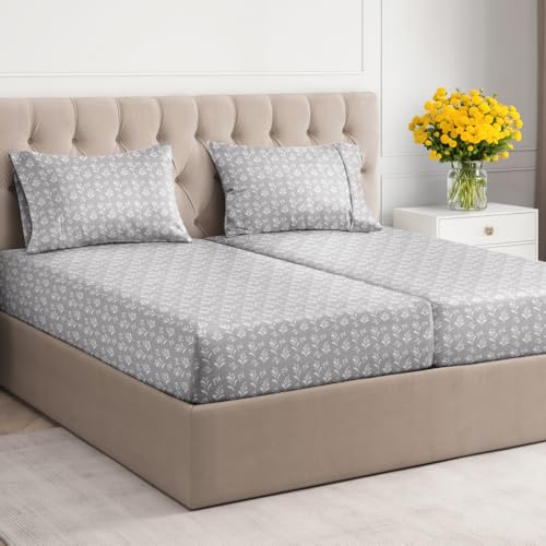 Image of Split King 5 Piece Floral Sheet Set - Breathable & Cooling - Gray Sprig