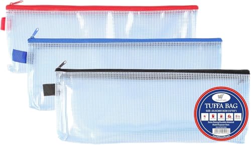 Pencil Case Tuff Bag Zip Wallet Clear Plastic Wallets Zipped Pouch File Pencil Case Folder Water Resistant Reinforced Heavy Duty Mesh Bags (Pencil Case - 3 Pack)