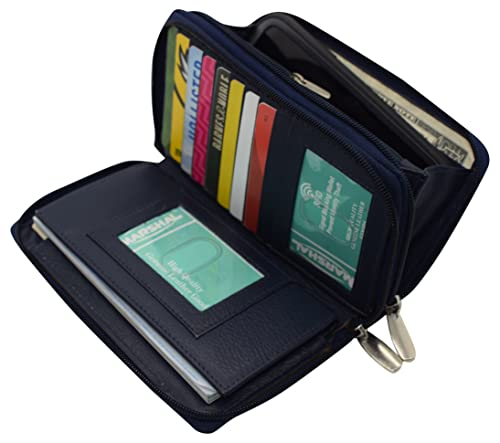 MARSHAL Genuine Leather Womens RFID Blocking Security Double Zip-around Indexer Phone Wallet (Blue)2