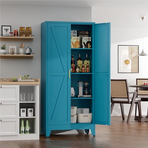 Image of Farmhouse Pantry Cabinet with Barn Doors,61 inch H x 27.5 inch W,Metal Cabinet with Adjustable Shelves,4-Tier Storage Cabinet for Kitchen Dining Room Garage,Blue 1 Pack