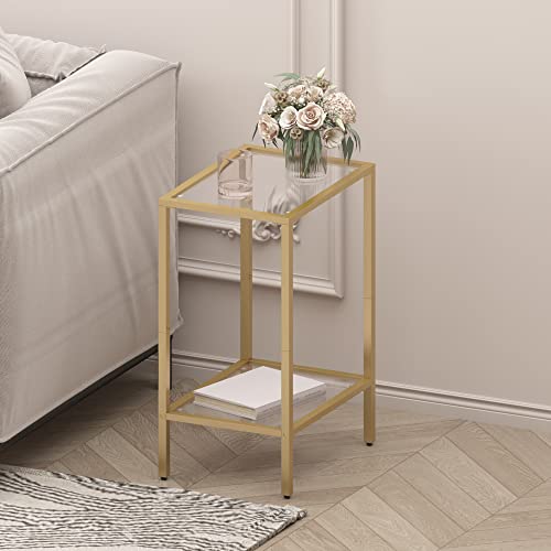 HOMSHO Side Tables Set of 2, End Tables with Tempered Glass, 2-Tier Nightstands with Storage Shelves, Coffee Table with Modern Style, Slim Sofa Table for Living Room, Bedroom, 11.8" D x 15" W, Golden - Image 4
