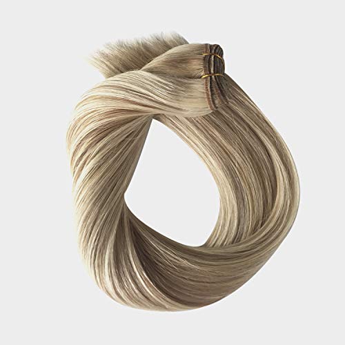 Sew in Hair Extensions Human Hair Natural Sew in Weft Hair Weave Bundles Real Remy Hair Extensions Bundles Beige Blonde with Platinum Blonde Highlights Silky Straight Double Weft Full Head 120g 24in