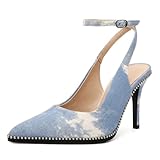 Soireelady Jean Heels for Women Denim Ankle Strap Pumps Slingback Beaded Pumps High Heel Stilettos Dress Shoes 3.5 Inch Denim Blue US Size 7