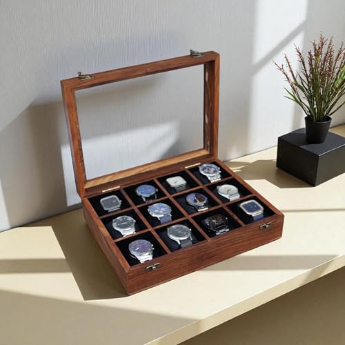 Image of Vintage Wooden Watch Box for Men, Timepiece Storage & Organizer, Watch Display Case, Jewelry Box for Women, Vintage Mens Display Box (12 Grooves (Plain))