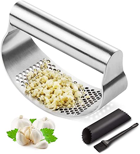 Prensa de ajo de acero inoxidable trituradora de ajo curvada prensatelas y balancines fáciles de limpiar y apto para lavavajillas Cover