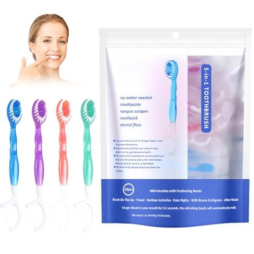 Puasok 26 Pièces Mini Brosses à Dents, 5-en-1 avec Dentifrice, Fil Dentaire, Gratte-Langue & Cure-Dents, Individuellement Emballées, Goûts Assortis,...