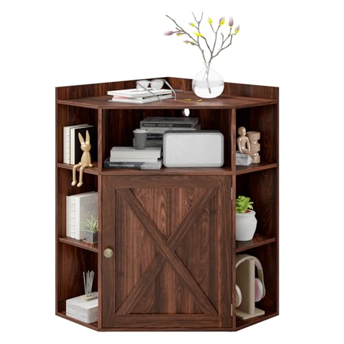 Image of Halitaa Corner Storage Cabinet, Farmhouse Corner Bookshelf with Storage 6-Cubby Wooden Cabinet with USB Ports and Outlets Industrial Organizer for Small Space, Study, Playroom, Living Room, Walnut