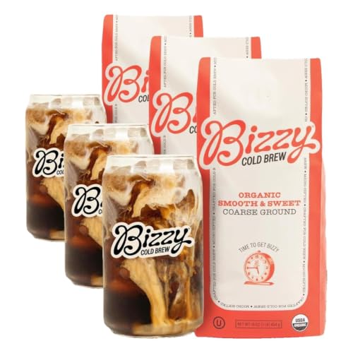 Bizzy Organic Cold Brew Coffee | Smooth & Sweet Blend | Coarse Ground Coffee | Micro Sifted | Specialty Grade | 100% Arabica | 1 LB (Pack of 3)