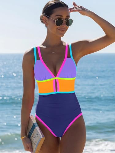 Image of popvil Women One Piece Swimsuit 2026 Tummy Control Sexy Cutout Neon Color Block Bathing Suit Slimming Adjustable Swimwear