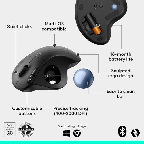 Image of Logitech Ergo M575S Wireless Ergonomic Trackball Mouse, Black /Blue (910-007026)