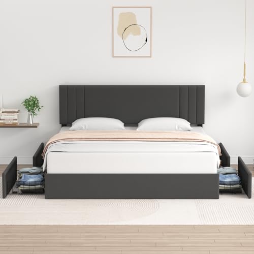 Molblly Upholstered Queen Bed Frame with 4 Storage Drawers and Adjustable Headboard, Platform Bed Frame, Strong Wood Slat Support, No Box Spring Needed, Dark Grey