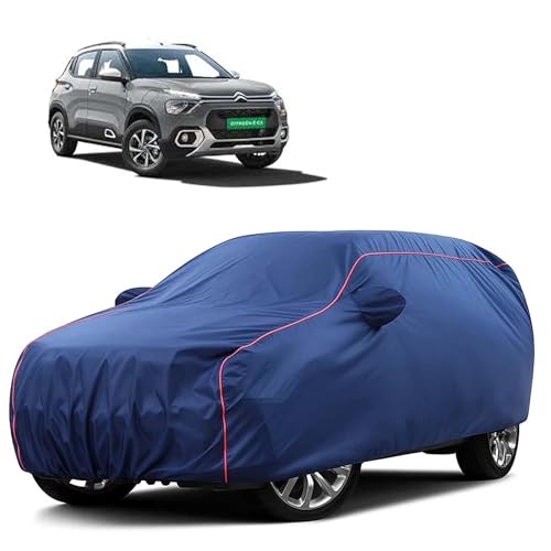 Image of Sulfar 100% Water Resistant Car Body Cover Compatible with Mirror for CITROEN E-C3 All Electric (Triple Stitched, Full Bottom Elastic, Blue Tafetta with Red Piping)