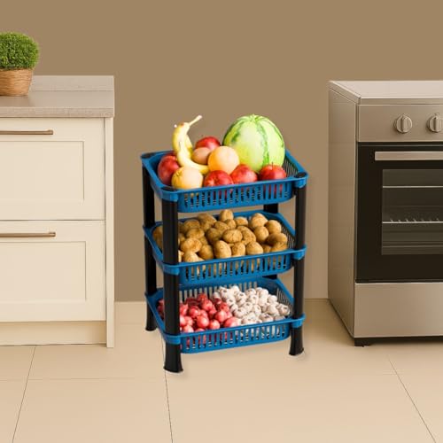 Image of Plastic Kitchen Rack, Multipurpose Vegetable & Fruit Storage Basket Organizer for Home, Pantry & Kitchen - Strong & Easy to Assemble (3 Layer, Blue)