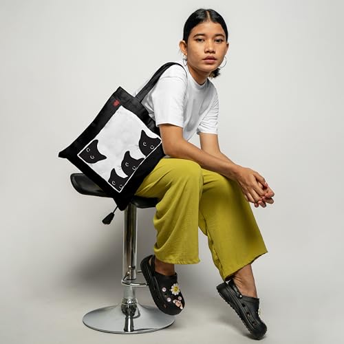 Image of ZORI Black Tote Bag With Pocket Printed Designed Canvas Tote Bags For Women large capacity,Tote bag For Shopping, College, Travel, More Canvas Handbag For Unisex Bag