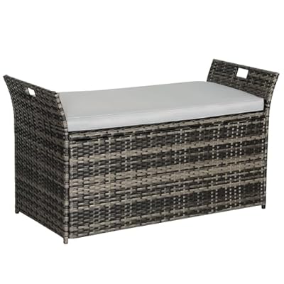 Brightpeak 90 Gallon Patio Storage Bench, Outdoor Wicker Deck Box with Cushion, PE Rattan Box with Handles (Grey)