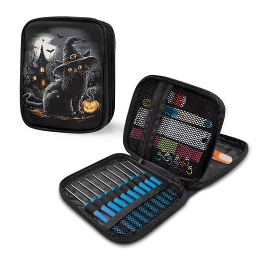 Image of Black Cat Crochet Hook Case Haunted House Bat Portable Knitting Needle Case with Web Pockets Swing Crochet Hooks Accessories Halloween Home Gifts