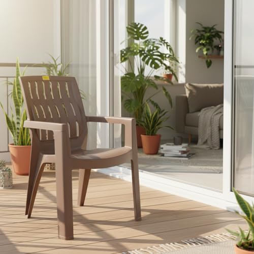 Image of Single Plastic Chair for Home & Outdoor Use | Heavy Duty Comfortable Chair with Strong Legs | Easy to Clean | Suitable for Living Room, Balcony (Pack of 1-Spino | Choco Cream)