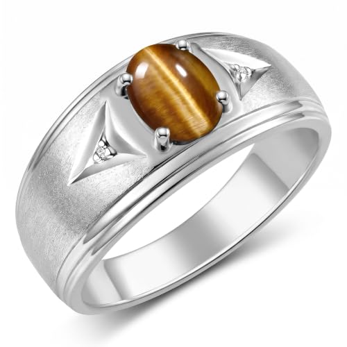 Image of Rylos Men's Rings Classic Design 8X6MM Oval Gemstone & Sparkling Diamond Ring - Color Stone Birthstone Rings for Men, Sterling Silver Rings in Sizes 8-13. Elevate Your Style with Timeless Elegance!
