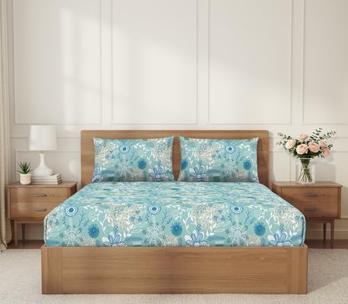 Image of Welspun ENZO King Size Fitted Bedsheet with 2 Pillow Covers | 360 Elastic | 100% Pure Cotton | 72 x 79 Inches | Soft, Breathable, Lightweight & Easy Care | Eggshell Blue