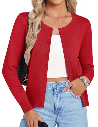 GRACE KARIN Women's Cardigans Red Cardigan Open Front Casual Knit Classic Sweaters Cardigan(L,Red)