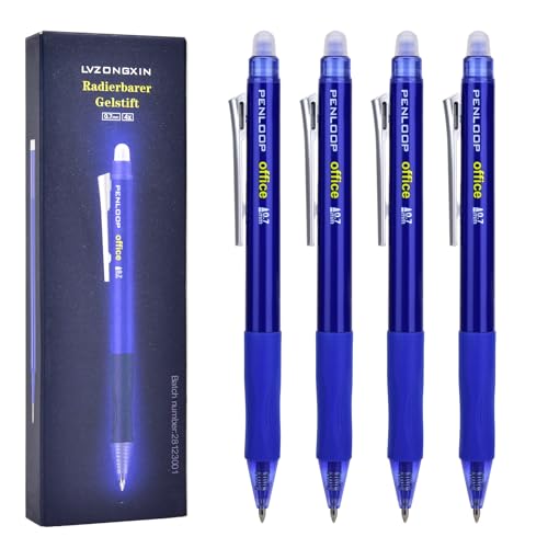 LVZONGXIN [Lot de 4] Stylo à bille effaçable, pointe 0,7 mm, stylo roller effaçable, stylos gel effaçables
