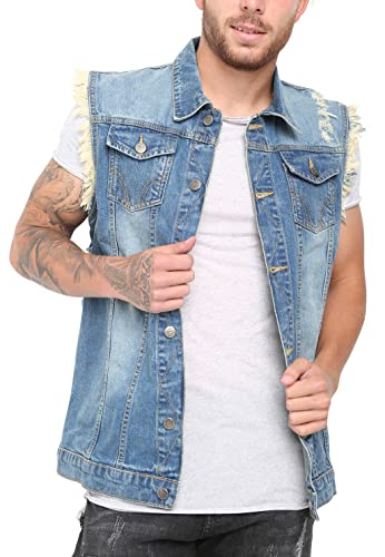 Skylinewears Men's Casual Lapel Denim Vest Jacket Vintage Slim Fit Sleeveless Ripped Jeans Vests
