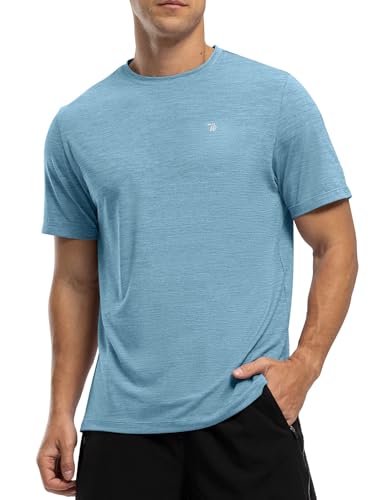 Rdruko Men's Workout Shirts Moisture Wicking Dry Fit Short Sleeve Lightweight UPF 50+ Athletic Running Gym Active T Shirts,Lake Blue,L