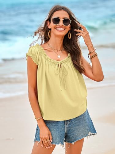 Image of Tankaneo Women Summer Tie Front Tank Tops Cap Sleeve Pleated Babydoll Tops Casual Loose Fit Going Out Flowy Shirt