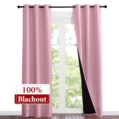 Image of NICETOWN 100% Blackout Short Curtains with Black Liners, Solid Thermal Insulated Full Blackout 2-Layer Lined Drapes, Energy Efficiency Window Drapes for Bedroom (2 Panels, 37 inchW by 84 inchL, Crystal Pink)