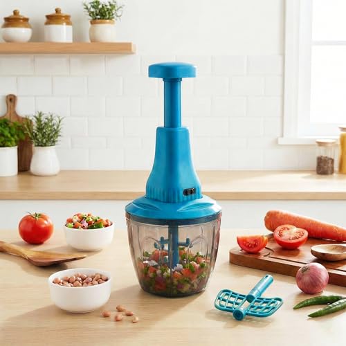 Image of Chopper for Kitchen Use | 1100 ml RoundPush Chopper with 5 Blades and Whisker| Chopping Vegetables & Fruits, Onion, Ginger, Garlic, Salad, Tomato, Potato (Blue)