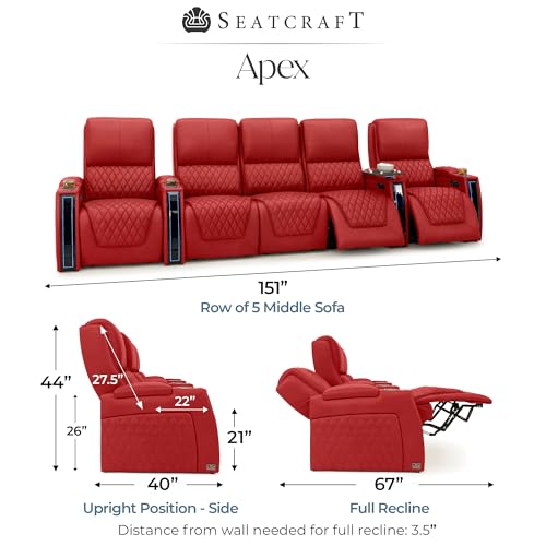 Image of Seatcraft Apex Red Italian Leather Home Theater Seating, Zero Gravity Power Recliner Chair, Powered Headrest and Lumbar Gaming and Lounge Sofa Furniture for Cinema Room, Row of 5 Middle Sofa