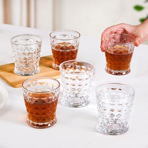 Image of Nestasia Transparent Set of 6 Small Juice Glasses (245 ml Each) - 100% Food Safe & Chip Resistant Raised Square Embossed Tapering Tumblers - Ideal for Water, Tea, Coffee & Refreshments