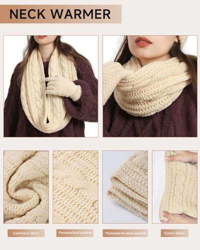 Winter Beanie Hat Scarf Gloves Set for Women,Beanie Ear muffs Knit Scarf Touchscreen Gloves Sock Warm 5pcs Gift Set,for ski climbing running,cold weather gear(Beige)