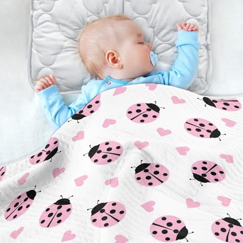 Image of Cute Ladybug Heart Pink Baby Swaddle Blanket for Boys and Girls, Muslin Baby Receiving Swaddle Blanket, Soft Cotton Nursery Swaddling Blankets for Newborn Toddler Infant