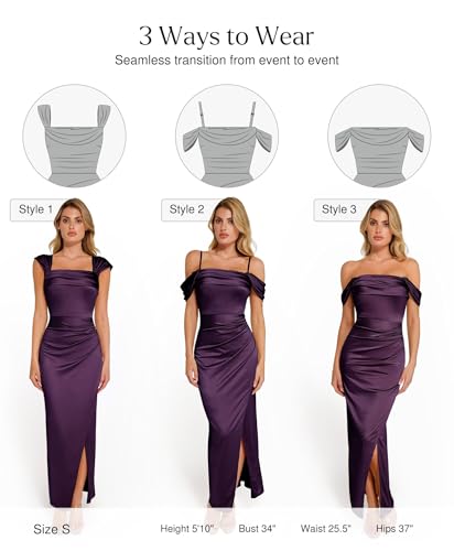 Image of Popilush Wedding Guest Dresses for Women Off Shoulder Shapewear Maxi | Multi-Way Wear, Built in Bra, Light Tummy Control, Ruched Satin Formal Cocktail Evening Bridesmaid Dress