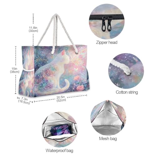 Large Beach Bags Totes Canvas Tote Shoulder Bag Butterfly Dream Cat Water Resistant Bags for Gym Travel Daily4