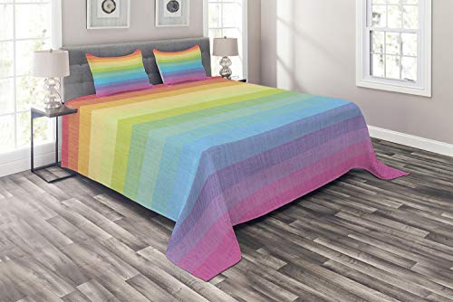 Ambesonne Vintage Rainbow Coverlet, Vintage Abstract Lines with Rainbow Colors Grunge Old Fashioned