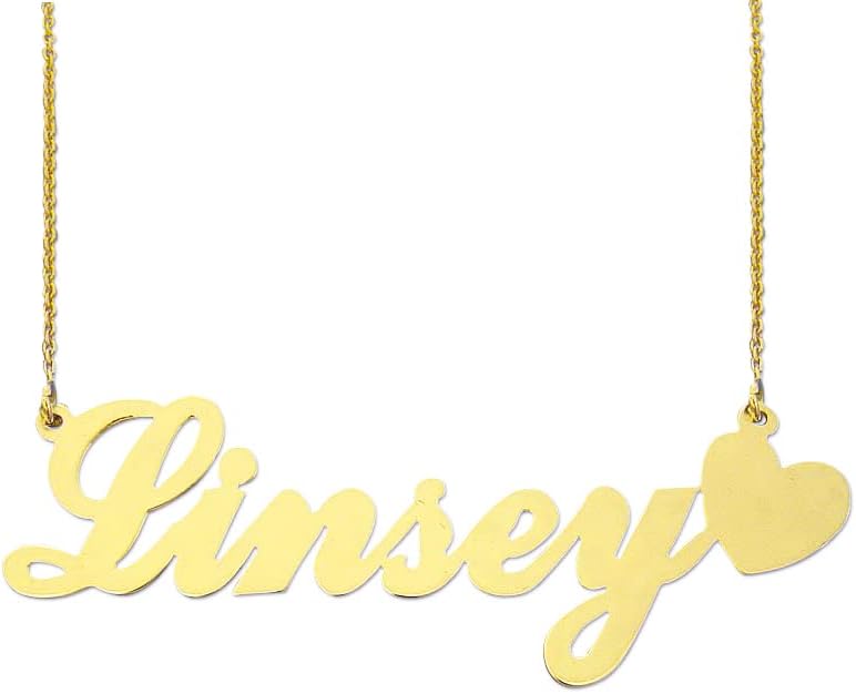 Solid 14k Gold Name Necklace Script Font Personalized Heart Nameplate Chain