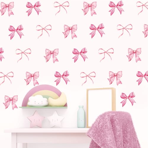 Image of Whaline 12 Sheets Trendy Pink Bow Wall Stickers Light Pink Bow Knot Wall Decals Watercolor Room Mural Stickers for Girls Party Valentine's Day Home Bedroom Nursery, 7.9 x 11.8 Inch