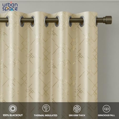 Image of Urban Space 100% True Blackout Curtains for Window, Gold Foil Printed Blackout Curtains, Blackout Decorative Curtain Eyelet with Tieback, 1 Piece Curtain for Living Room(Criss Cross Beige, 5 Feet)